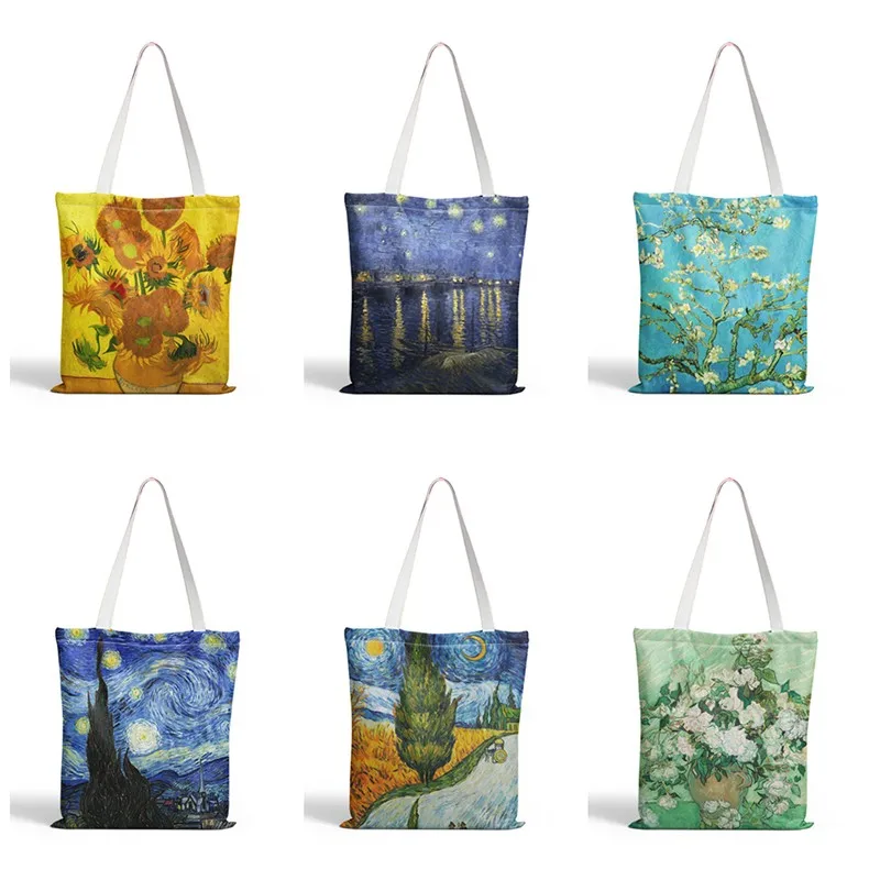 Van Gogh Starry Night Sunflower Shopping Bag Women Canvas Shoulder Bag Large Capacity Wild Messenger Bag Cute Fun Handbag hisoka morow hunter x hunter graphic anime shopping bag black bag tote bag summer shoulder canvas bag large capacity wild bag