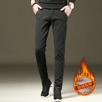 

New winter Men's warm casual pants classic High quality Elastic slim thick plus velvet trousers men's clothes black 2019