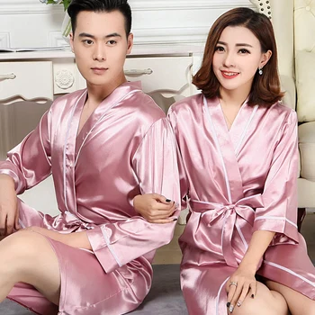 

Oversize Men Nightgowns Set Imitation Silk Kimono Pajama Men Sexy Robe Satin Bathrobe Home Women's Night Gown Set Couples Robes