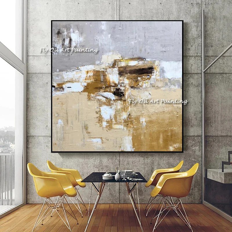 

100% Handmade Oil Painting Posters Wall Pictures for Living Room Decoration Gold White Gray Color Drawing Frameless Artworks