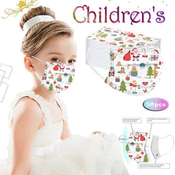 

50pcs Kids Children's Mouth Mask Disposable Mask Dust Proof Three Layer Lovely Christmas Print Cartoon Face Cover Mascarillas