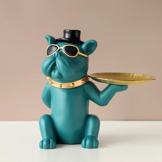Green Bulldog with Metal Tray Table décor Resin Dog statue home decoration Dog Figurine with Decorative Tray for Keys Jewelry Green