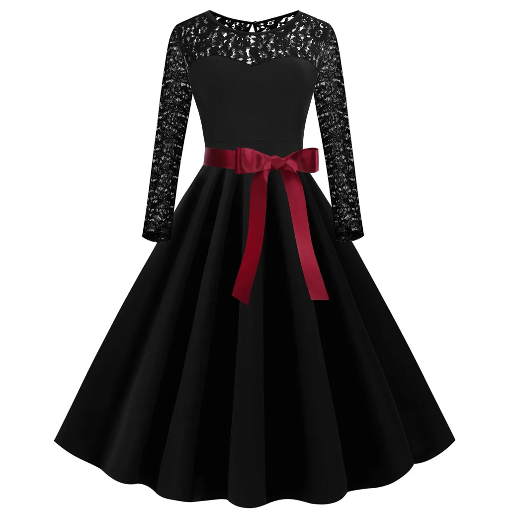 Dress Women's Dress Lace Pach-work Long Sleeve Dress Women O-Neck Vintage Bandage Womens Dresses New Arrival 2020