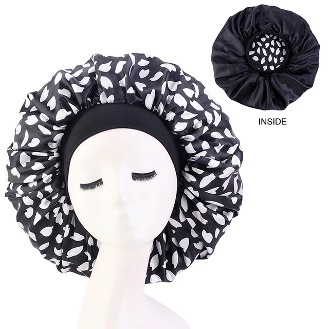New Women Big Size Beauty print Satin Silky Bonnet Sleep Night Cap Head Cover Bonnet Hat for For Curly Springy Hair Black 408F Black white