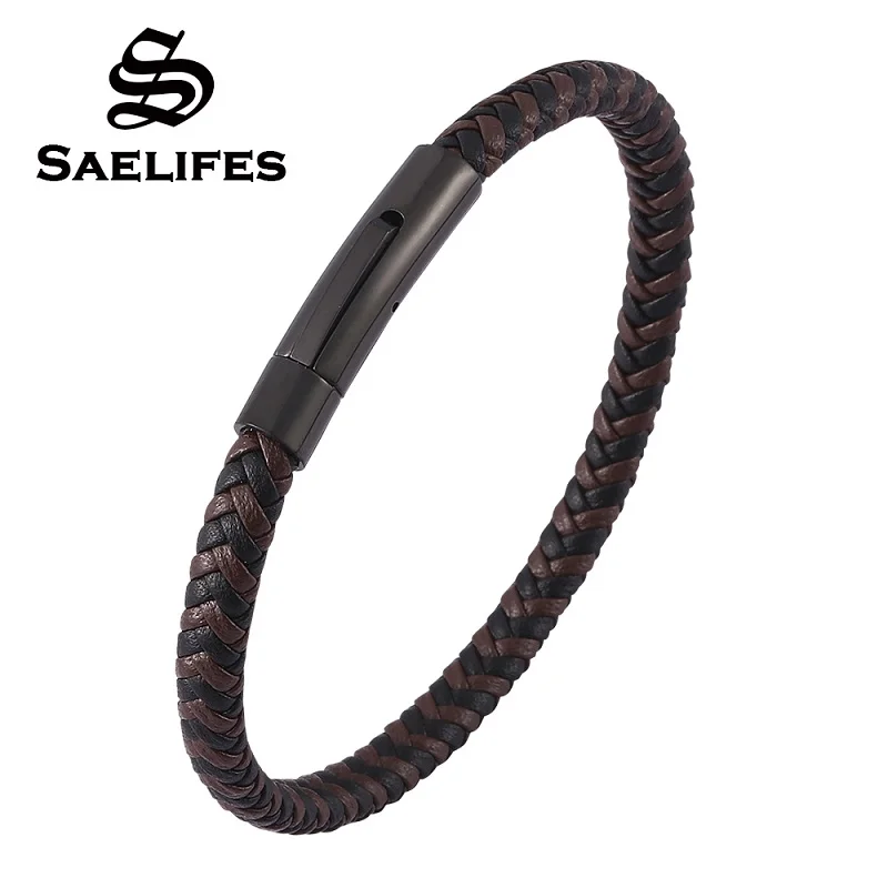 

Classic Mix Braided Black Brown Leather Bracelets Unisex Stainless Steel Snaps Accessories Weave Male Simple Jewelry Gift PB0459