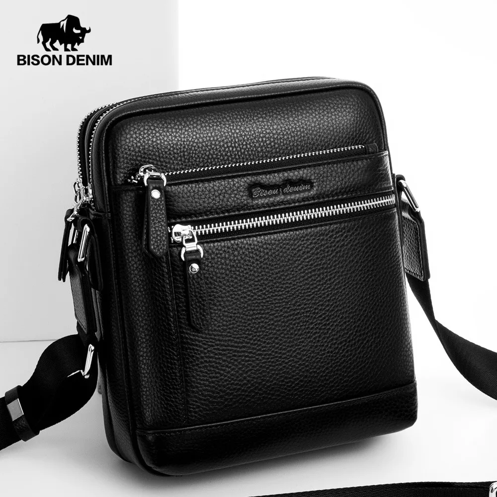 BISON DENIM Mens Shoulder Bag Genuine Leather Crossbody Bag Small Messenger Bag Man Purse