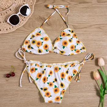 

Womens Sunflower Printed Lace Up Bandage Swimming Costume Padded Swimsuit Monokini Push Up Bikini Sets Swimwear biquini swimsuit