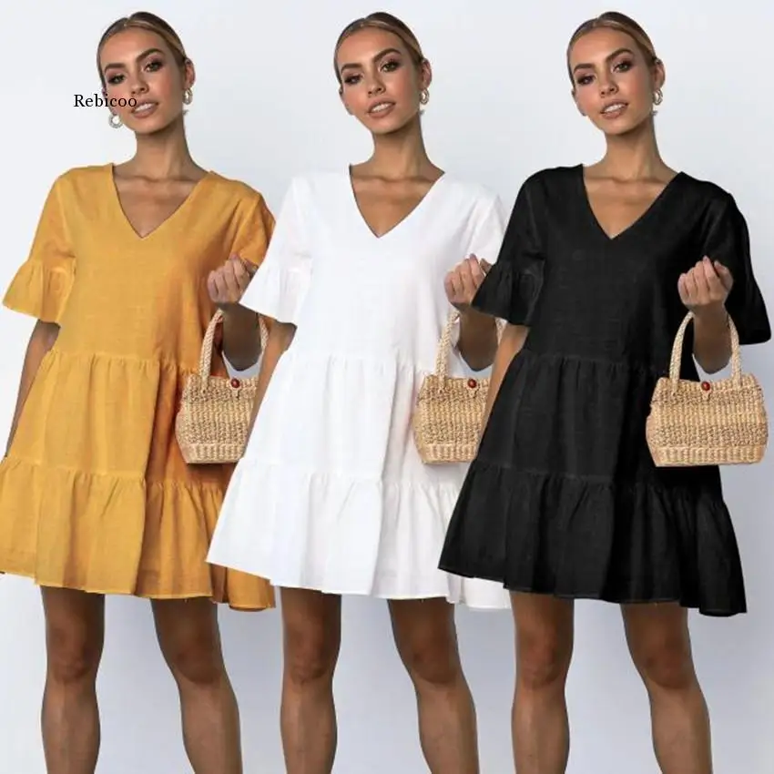 

Stylish Summer Flounce Hem Sundress Women V Neck Short Sleeve Mini Dress Elegant Party Beach Solid Vestido Plus Size