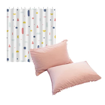 

Pure Linen Ruffle Pillowcase Ruffled Pillow Cover Pillow Case(Pink) & PEVA Geometric Pattern Shower Curtain Waterproof