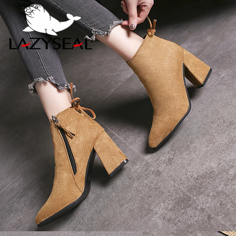 LazySeal New Ankle Strap Flock Women Boots With Short Plush Side Zipper 