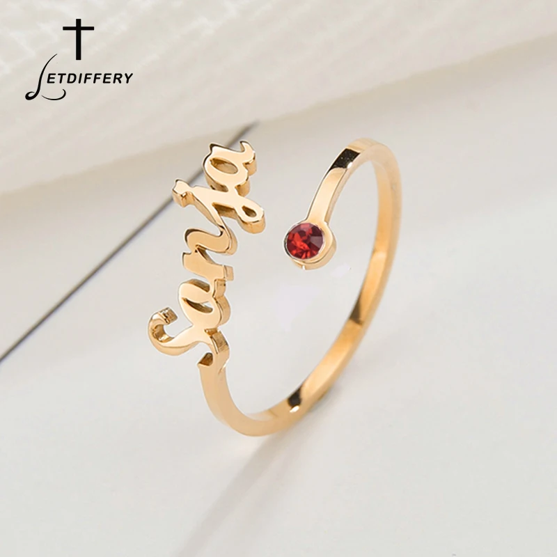 Letdiffery-Anillos personalizados con nombre de piedra de nacimiento para mujer, joyería personalizada de cristal ajustable de acero inoxidable, regalos de cumpleaños únicos