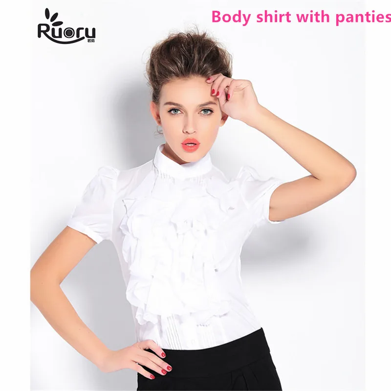 Ruoru Vintage Palace Style Ruffles Body Shirt Moda Body Camicetta Bianca Camicia Office Lady Work Camicie Formali