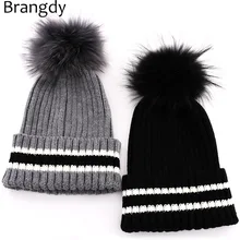 Женская шапка с меховым помпоном, шапки для зимы и осени, теплые женские шапки из толстого хлопка, вязаные шапки, женские эластичные шапки с помпоном в рубчик