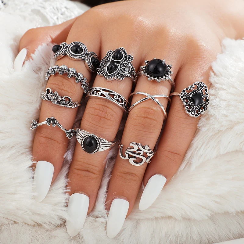 Finger Ring Tocona Vintage Black Crystal Stone Silver Color Rings for Women Boho Geometric Carve Flowers Moon Ring Jewelry Wedding