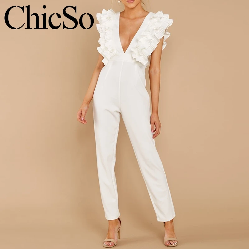 Missychilli knitted v neck long pencil pants jumpsuit women elegant bodycon ruffle white romper winter sexy club long playsuit