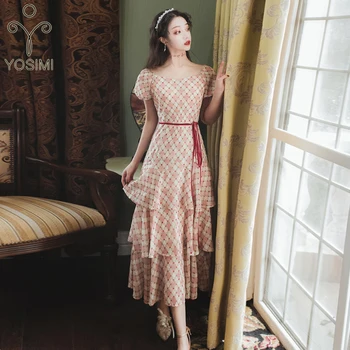

YOSIMI Women Long Dress 2020 Summer Maxi Vintage Women Dress Pink Print Plaid Dot O-neck Sashes Short Sleeve Party Dress Elegant