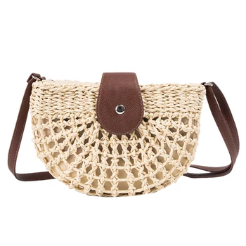 

JHD-Fashion Rattan Weave Bag Women Straw Bag Semi-Circular Hollow Female Shoulder Messenger Bag Beach Vacation Leisure Handbag H