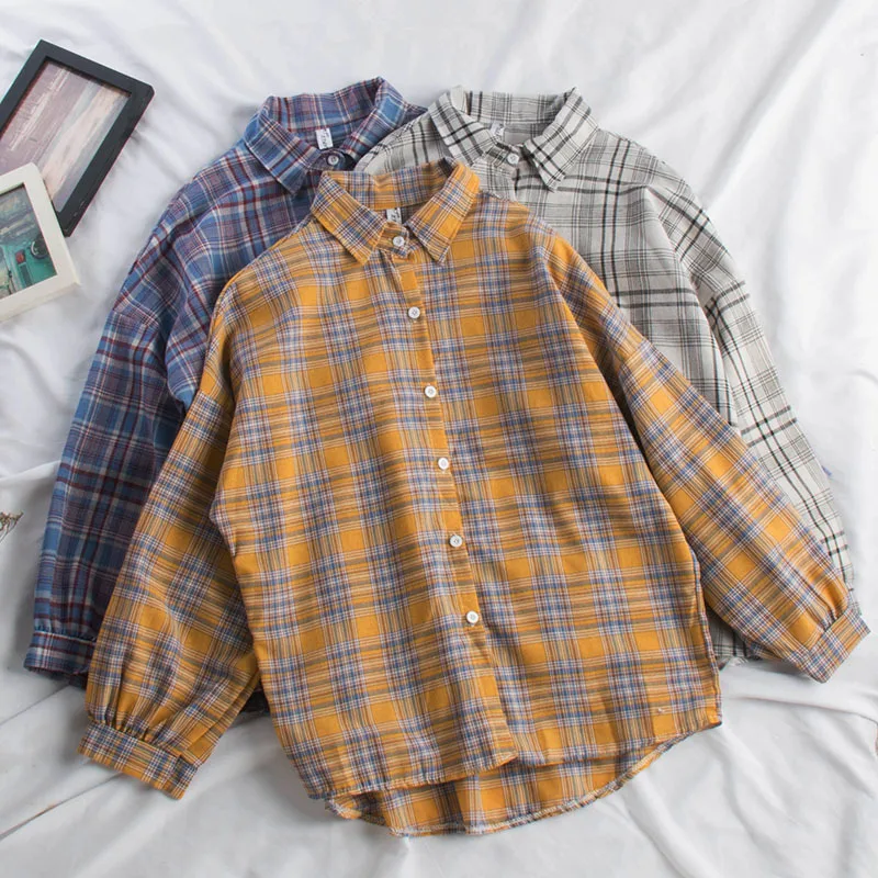 Harajuku Female Long Sleeve Casual Blouse Plaid Shirt Office Lady Tops Loose Fashion Style Women Spring Blouses and Shirt