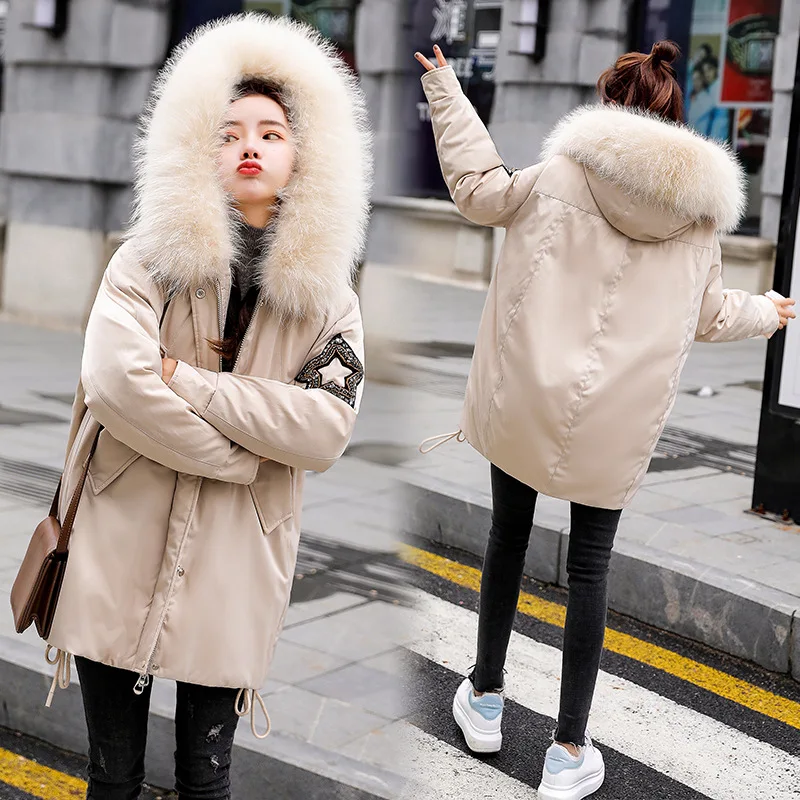 

Hooded 2018 Winter Cotton Dress-Style Simple Solid Color Street Fashion Versatile Slim Fit Slimming Casual Mid-length
