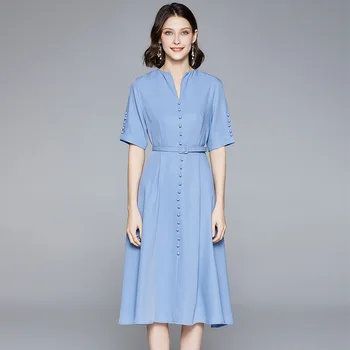 

Summer Dress 2020 Ladies Elegant Small V-Neck Half Sleeves Solid Colour Slim Belted A-Line Mid-Calf Length Dress Female S-XL