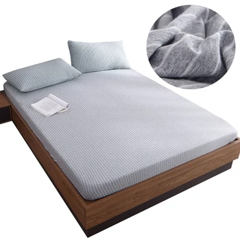 

100% Cotton Stripe Pure Pattern Printing Brushed Fitted Sheet Mattress Cover with Elastic Band Soft Bedding Linens Home Textile