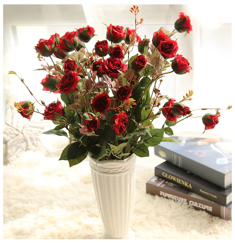 High Quality Three-Headed Rose Simulation Rose Fake Flower Home Furnishings Wedding Bouquets Christmas Decoration QW188 (6)