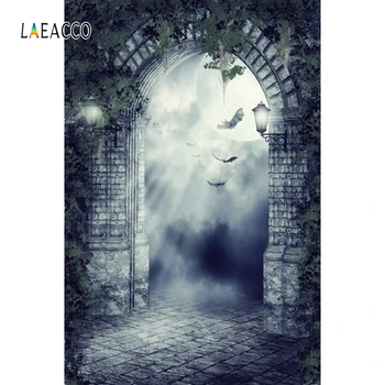 

Laeacco Photography Backgrounds Brick Door Bat Altar Skull Bones Horrible Night Halloween Backdrops Photophone For Photo Studio