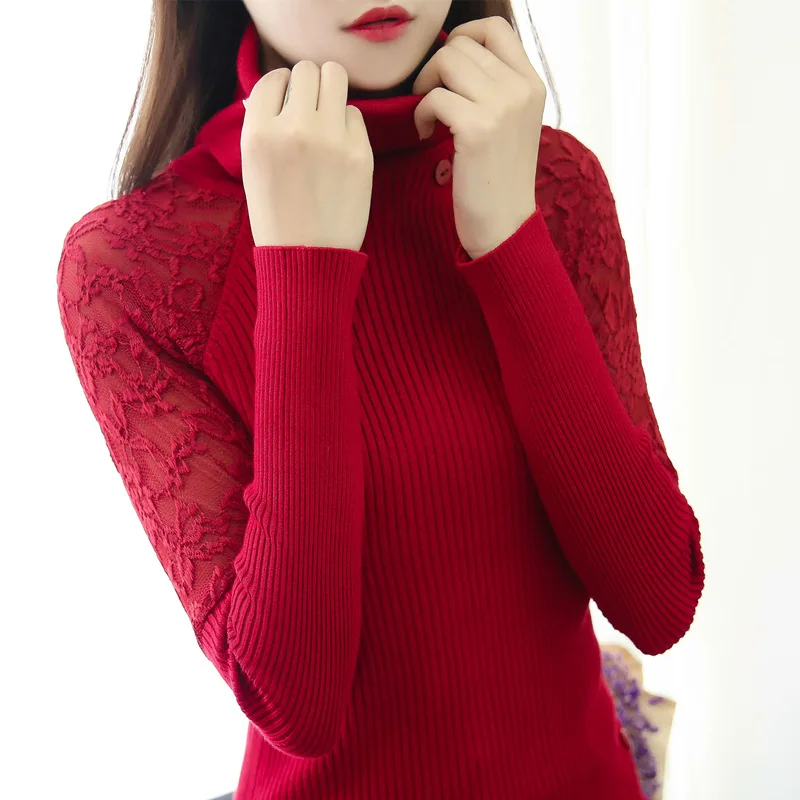 2020 Autumn Winter New Turtleneck Women knitted Sweater Pullover Long Sleeve Lace Panel High Stretch Jumpers Ladies Tops | Женская