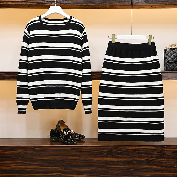 

Big Women's Fat Mm Autumn Dress New Loose Stripe Knitted Suit Two-piece Set