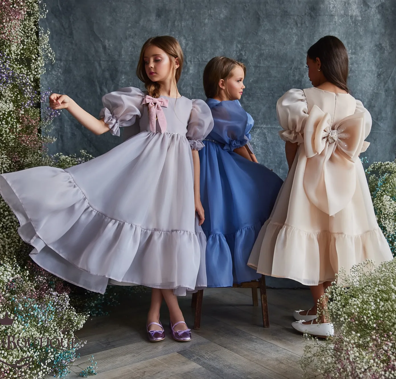 

Cute Baby Girl Dress O Neck Organza Flower Girl Dress Tea Length Dresses For Girls Bow Puffy First Communion Dress