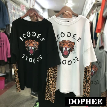 

Long Sleeve T-shirt Women's Korean 2020 Spring Leopard Pattern Top Fake Two Piece Ins Fashion Super Fire Shirt Tees Student