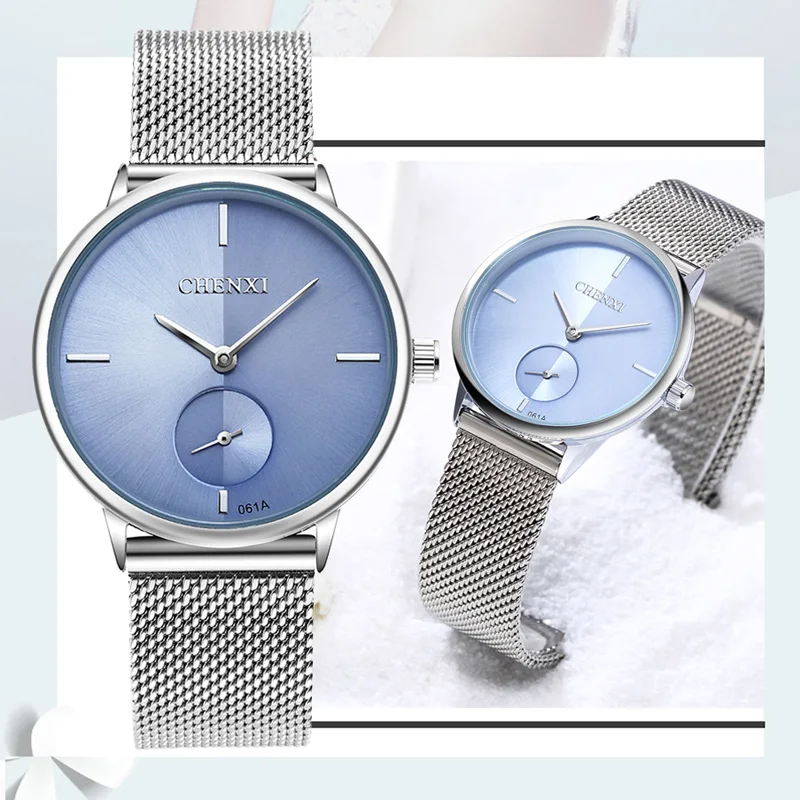 Chenxi Moda Azul Relógio Feminino Malha Banda Quartzo Relógios de Pulso Senhoras Pequenos Segundos Relógio Feminino Presente Aço Inoxidável
