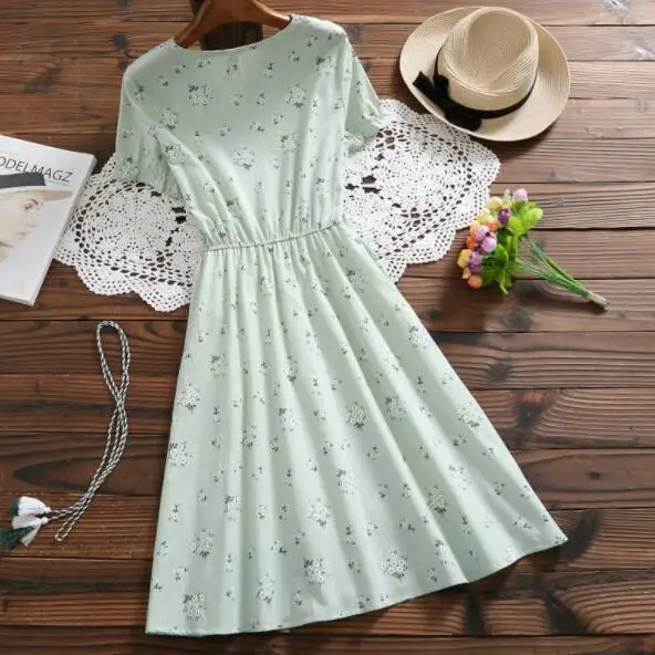 Robe Femme, летнее женское платье с коротким рукавом и v-образным вырезом, хлопковое льняное платье с цветочным принтом, винтажное платье для девочек, DV936