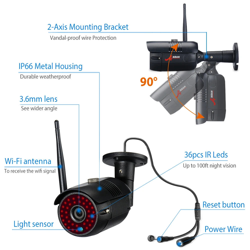 ANRAN 6CH Surveillance System 2MP Wireless Outdoor Camera Kit Security System Video Recorder Waterproof Remote Control Night