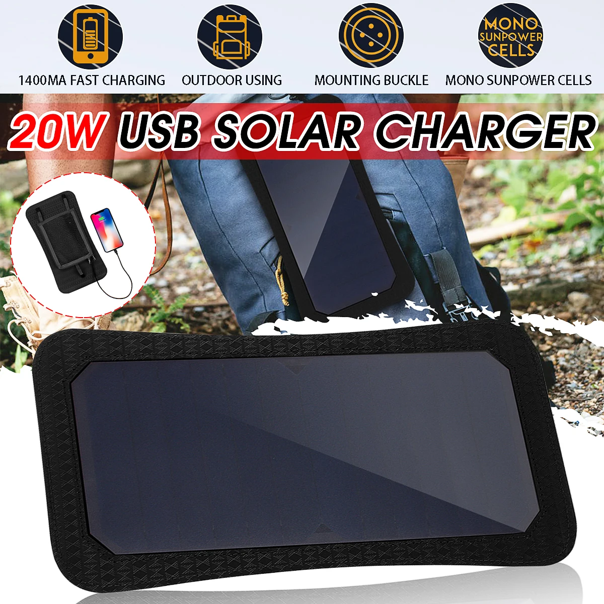 

Hot Sales 7W 5V Sunpower Solar Panels Charger Bank Backpack Solar Cells with USB Port for Camping Hiking