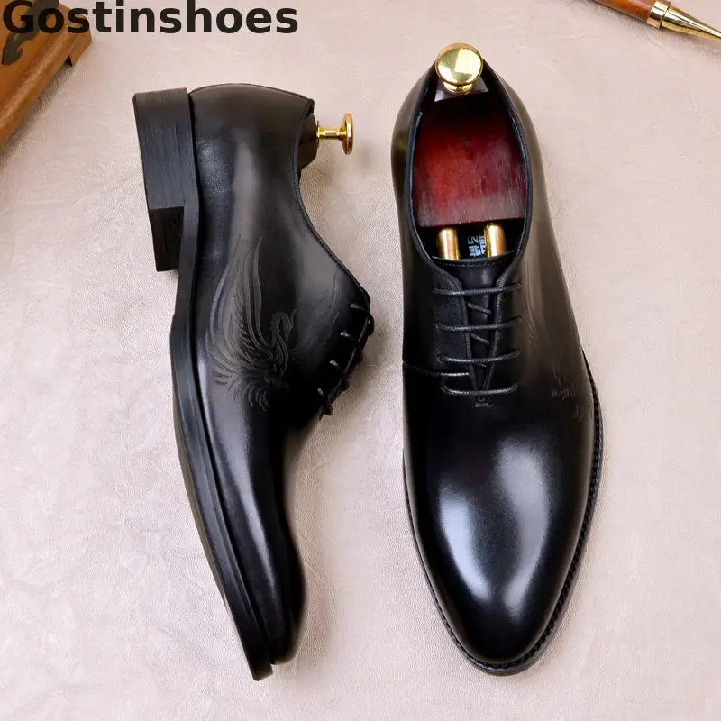 Whole-cut Men Oxfords Shoes Cow Leather Carved Black Blue Leather Shoes Dress Formal Men Office Shoes For Wedding Party Business