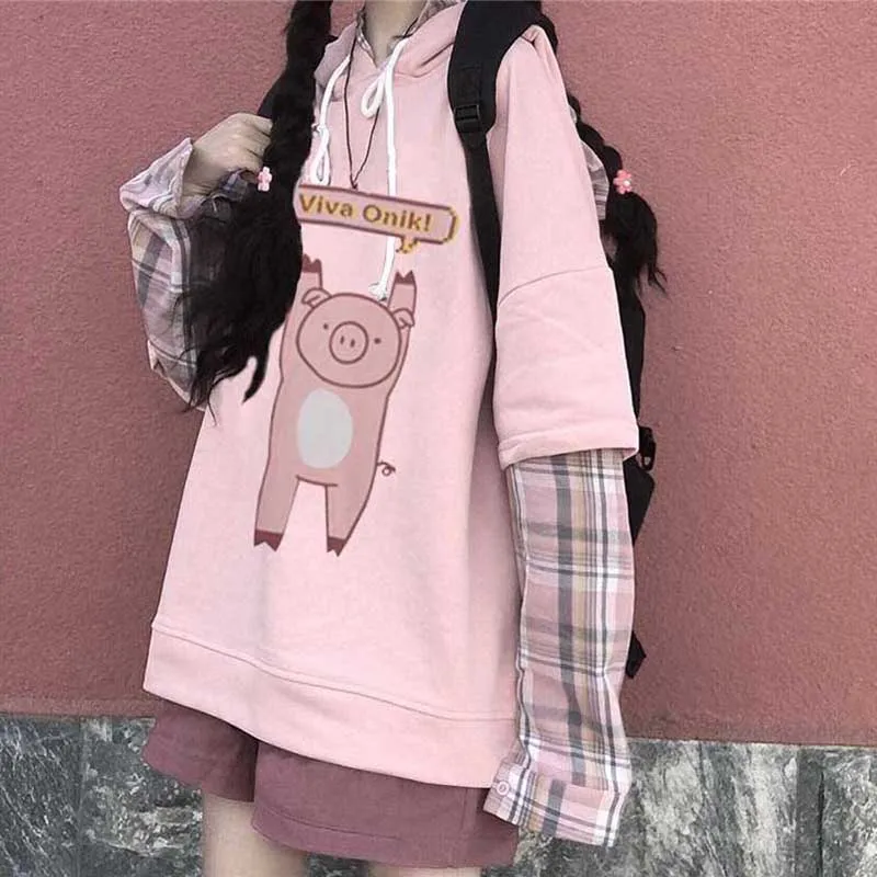 Осенняя Женская толстовка с капюшоном Mori Girl с милым розовым принтом поросенка, с капюшоном, в клетку, в стиле пэчворк, с длинным рукавом, толстовка, Женский Повседневный пуловер