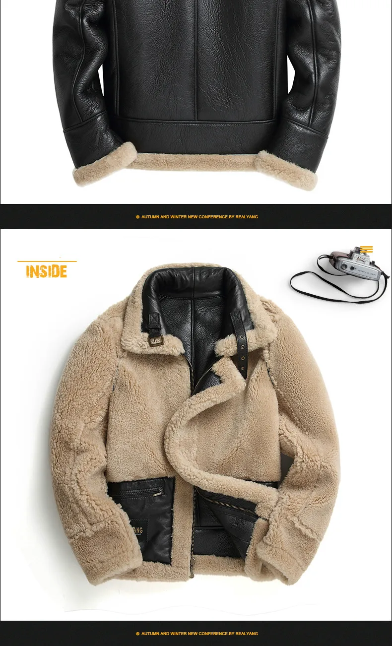 New Men Winter Thicker Fur One Leather Coat Men's Sheepskin Leather Jacket High-end Mens Shearling Locomotive Fur Air Force Suit