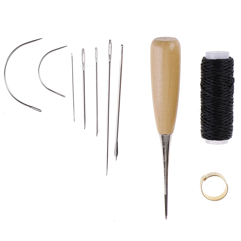 Leather Sewing Needles Thread Thimble Shoe Repair Tool Stitching Awl Needle Set