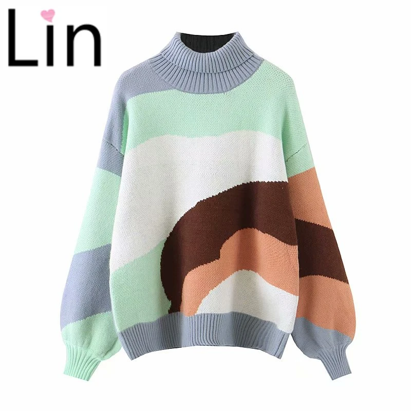 

Lin Turtleneck geometric Patchwork Loose women Sweater harajuku Wholesale Vintage Long Sleeve Soft Kintted Pullover