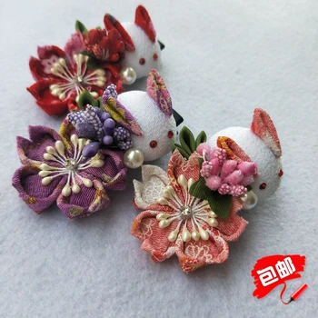

Cute Handmade Japanese Classsic Kimono Headdress Sakura Flower Headwear Rabbit Hairpin Girl Pink Tassels Hairwear Accessories