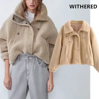 

Withered winter jacket women casaco feminino england vintage oversize high street Artificial wool bomber jacket short coat women