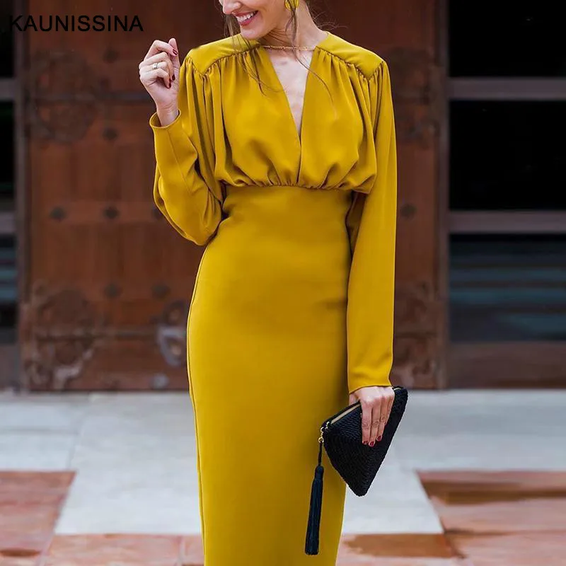 KAUNISSINA Bodycon Dress Elegant Cocktail Gown Solid V Neck Long Sleeve Knee-Length Robe Pencil Cocktail Dresses