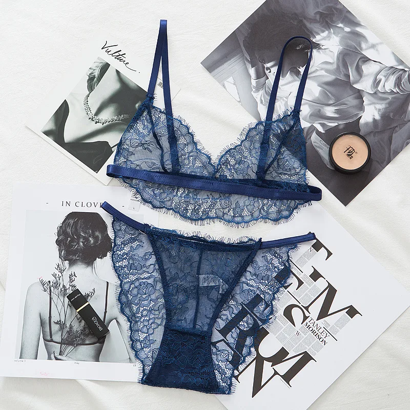 

French Lace Transparent Seamless Brallete Women Hollow Out Invisible Bra Set Sexy Backless Bra Female Lingerie See Through
