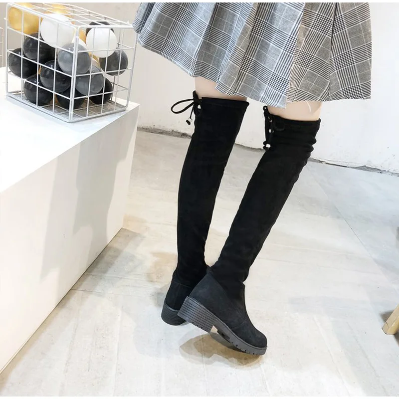 Autumn Women Over The Knee Boots Female Round Toe Platform Casual Footwear Ladies Square Heel Shoes Lace Up Thigh High Boot