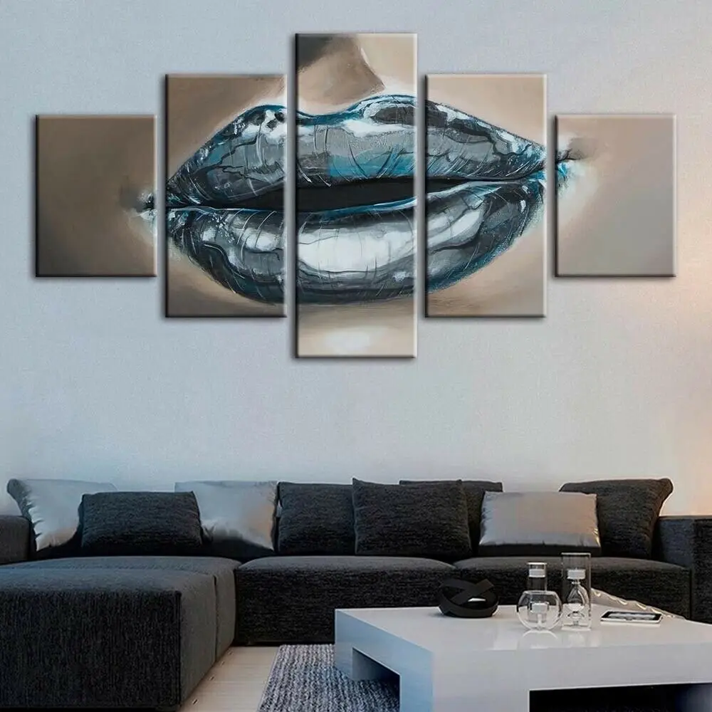 

Abstract Blue Woman Lips 5 Panel Modular Paintings HD Prints Posters Canvas Wall Art Pictures For Living Room Home Decor