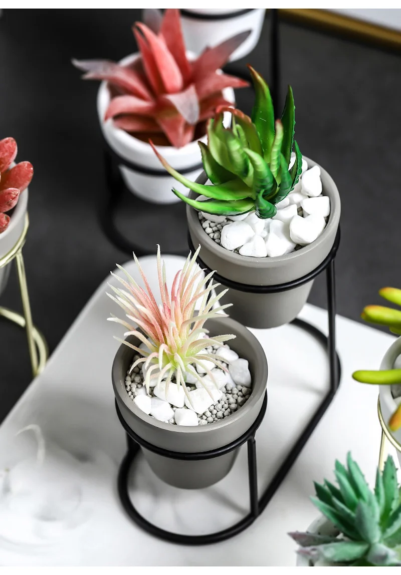 New Pottery Planters Modern Small Flower Pots with Gold Black Metal Stands Decorative Tabletop Ornaments Home Decoration