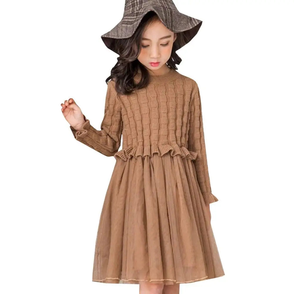 

Winter Girls Dress Children Clothes Kids Dresses For Party Long Sleeve Knitted Sweater Lace Toddler Girls Autumn Dress