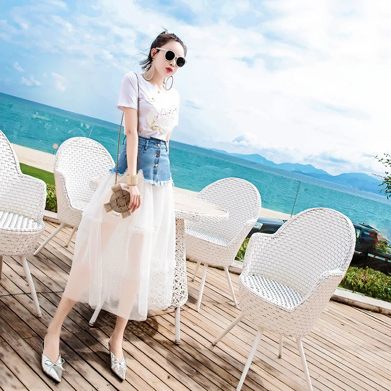 

Debutante Online Celebrity Dress Outfit Western Style Very Fairy Mesh Dress 2019 New Style Women's Summer Short Sleeve Denim Ski