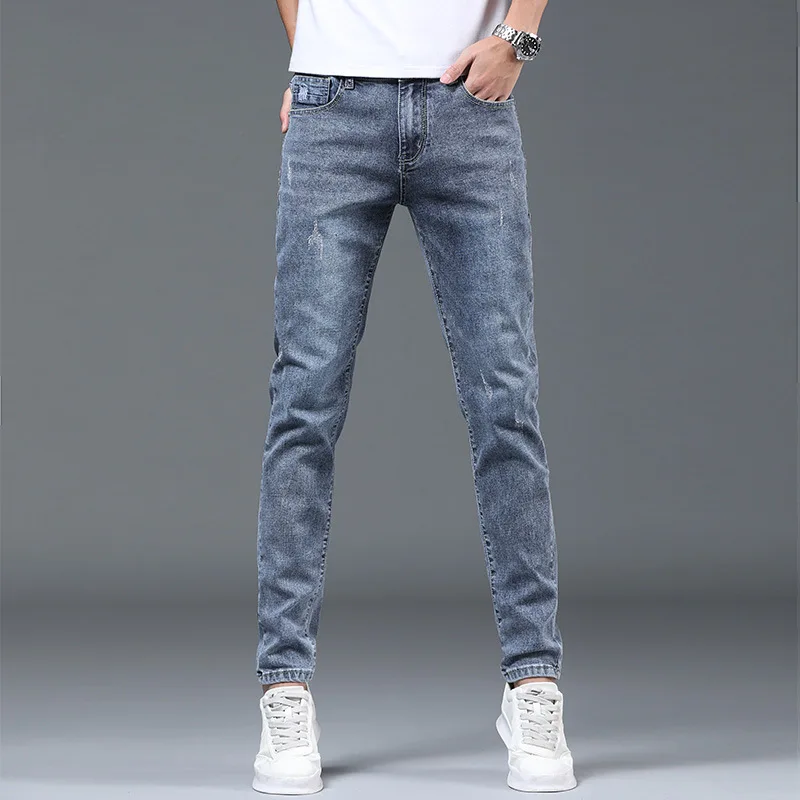 Spring and Autumn Men's Jeans Stretch Korean Slim Pants Trendy Straight Black Long Cotton 